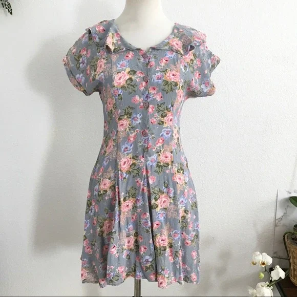 1990s pastel babydoll dress floral small blue pink - Picture 4 of 13
